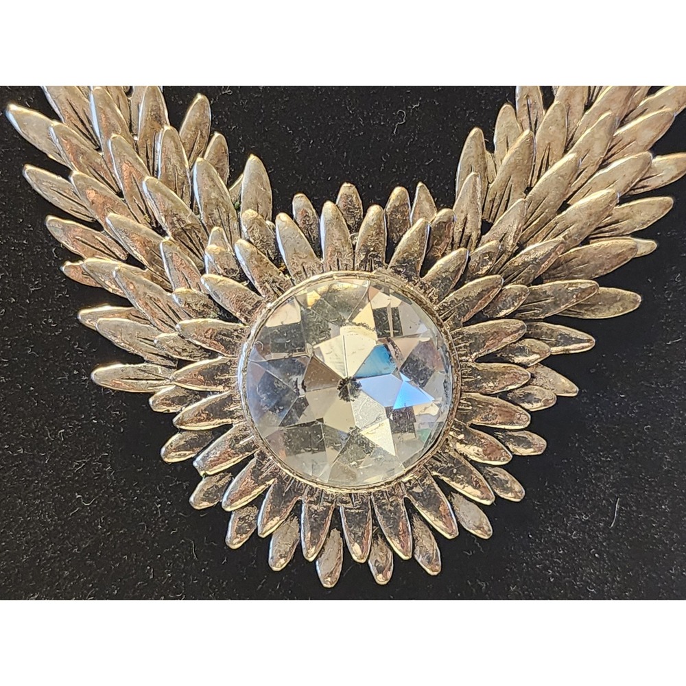 VTG Silver Tone Sunburst Wing Statement Necklace Crystal Bib Celestial HEAVY